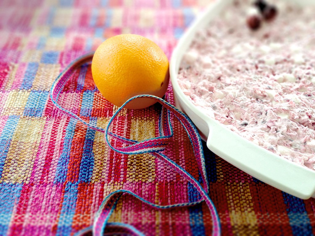 Decorative band woven on band loom, reinforced weft table runner, and Frozen Cranberry Salad - on our festive table!