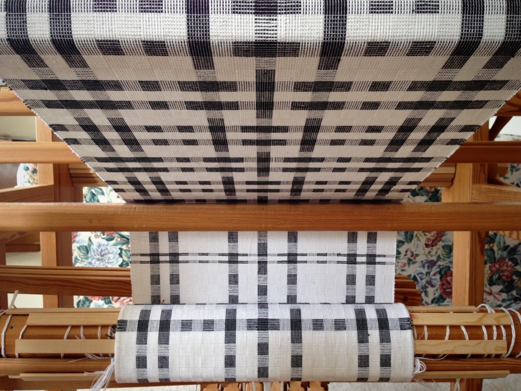 Black and white towels on the loom. Karen Isenhower